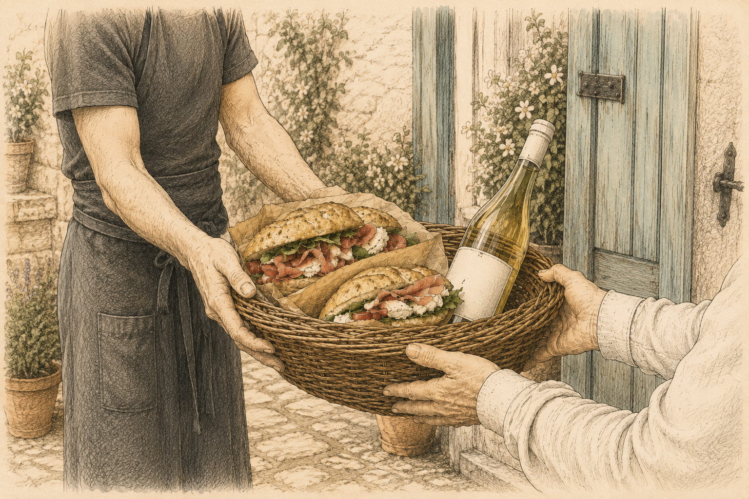Panier Click & Collect avec sandwichs et bouteille de vin, prêt à emporter de La Bazenne