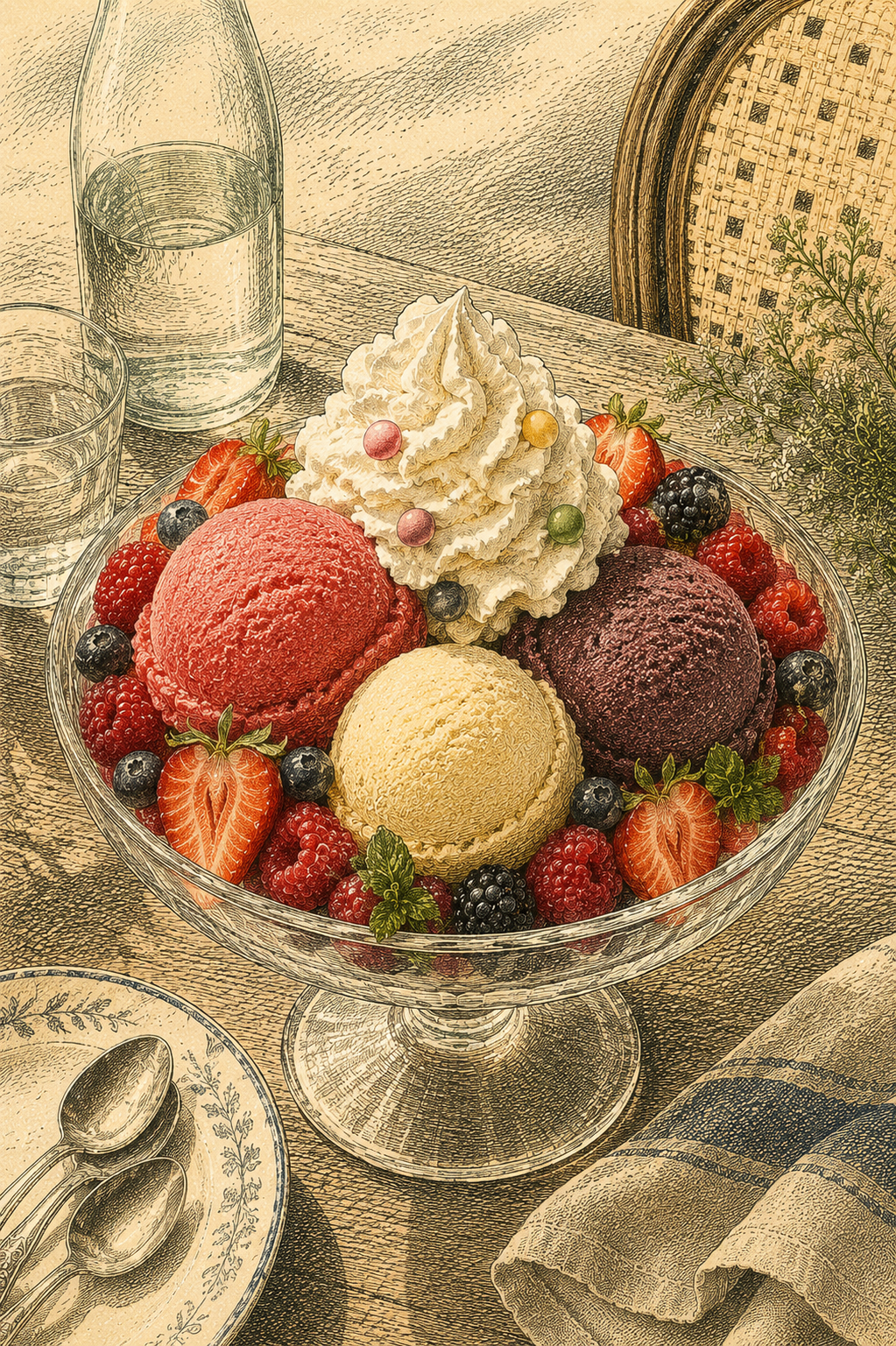 Coupe glacée aux sorbets fraise, mangue et pistache